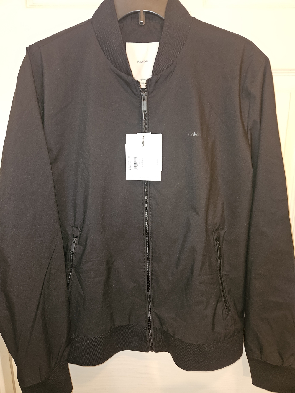 Calvin Klein Men's Black Bomber Jacket with Zip Pockets